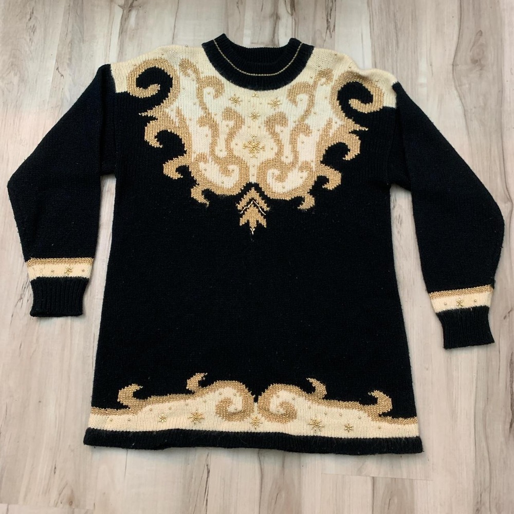 Dana Scott Vintage 80s 90s Boho Black Gold Beaded Long Acrylic Sweater Large